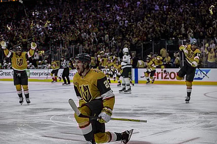 Vegas Golden Knights forward Brett Howden celebrates after scoring in overtime 4/29/2025 (Photo/Screenshot- Vegas Golden Knights via Twitter)