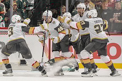 The Vegas Golden Knights celebrate after Ivan Barbashev's overtime game winner 4/26/2025 (Photo/Screenshot- Vegas Golden Knights via Twitter)