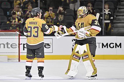 Adin Hill gives the victory flamingo to Mitch Marner 9/25/2025 (Photo/Screenshot- Vegas Golden Knights via Twitter)