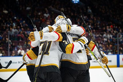 The Vegas Golden Knights celebrate after scoring the go-ahead goal against the Vancouver Canucks 4/6/2025 (Photo/Screenshot- Vegas Golden Knights via Twitter)