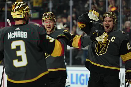 Golden Knights Jack Eichel, Mark Stone, and Brayden McNabb celebrate a goal 12/10/23. (Photo/Screenshot- Vegas Golden Knights via Twitter)