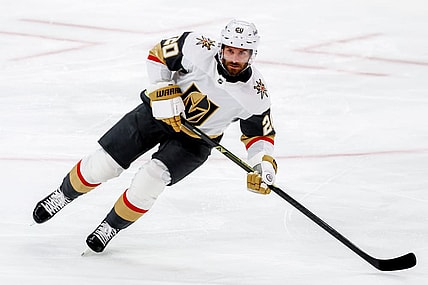 SUNRISE, FL - OCTOBER 25: Vegas Golden Knights left wing Brandon Saad (20) looks on in the first period during the game between the Golden Knights and the Florida Panthers on Saturday, October 25, 2025 at Amerant Bank Arena in Sunrise, FL.(Photo by Chris Arjoon/Icon Sportswire)