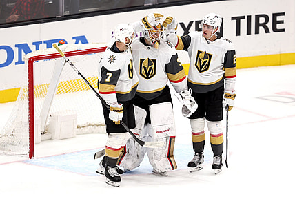 Vegas Golden Knights Laurent Brossoit, Zach Whitecloud, and Alex Pietrangelo (Photo- Vegas Golden Knights via Twitter)