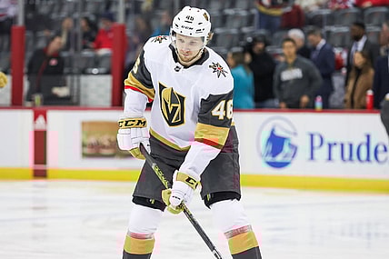 NEWARK, NJ - JANUARY 22: Vegas Golden Knights right wing Jonas Rondbjerg (46) warms up before a game between the Vegas Golden Knights and New Jersey Devils on January 22, 2024 at Prudential Center in the Newark, New Jersey. (Photo by Andrew Mordzynski/Icon Sportswire)