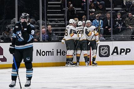 SALT LAKE CITY, UT - NOVEMBER 20: The Las Vegas Golden Knights celebrate a second period goal scored by Jack Eichel #9 of the Las Vegas Golden Knights during an NHL game between the Las Vegas Golden Knights and the Utah Mammoth on November 20, 2025 at the Delta Center in Salt Lake City, UT. (Photo by Aaron Baker/Icon Sportswire)