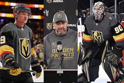 Peter DeBoer, Robin Lehner, Jack Eichel Vegas Golden Knights