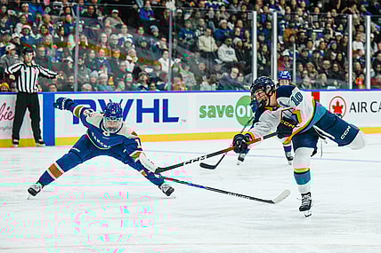 New York Sirens forward Sarah Fillier takes a shot against the Vancouver Goldeneyes.