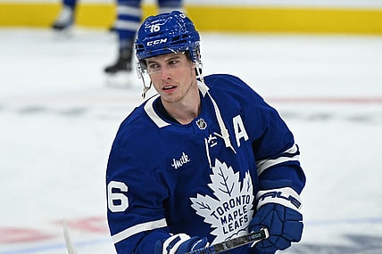TORONTO, ON - MAY 07: Toronto Maple Leafs Right Wing Mitchell Marner (16) in warmups prior to the Stanley Cup Playoffs Second Round Game 2 between the Florida Panthers and Toronto Maple Leafs on May 7, 2025 at Scotiabank Arena in Toronto, On. (Photo by Gerry Angus/Icon Sportswire)