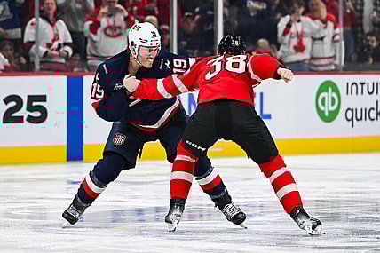 MONTREAL, QC - FEBRUARY 15: Team Canada forward Brandon Hagel (38) fights against Team USA forward Matthew Tkachuk (19) during a 4 Nations Face-Off game between Team USA and Team Canada on February 15, 2025, at Bell Centre in Montreal, QC (Photo by David Kirouac/Icon Sportswire)