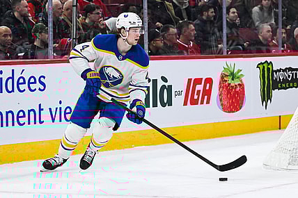 MONTREAL, QC - MARCH 03: Buffalo Sabres defenseman Bowen Byram (4) plays the puck during the Buffalo Sabres versus the Montreal Canadiens game on March 03, 2025, at Bell Centre in Montreal, QC (Photo by David Kirouac/Icon Sportswire)