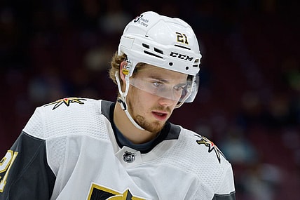 VANCOUVER, BC - NOVEMBER 21: Vegas Golden Knights center Brett Howden (21) warms up prior to their NHL game against the Vancouver Canucks at Rogers Arena on November 21, 2022 in Vancouver, British Columbia, Canada. (Photo by Derek Cain/Icon Sportswire)