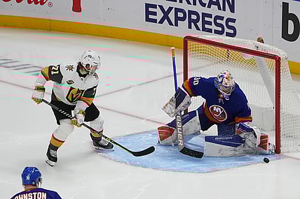 ELMONT, NY - DECEMBER 19: New York Islanders Goalie Ilya Sorokin (30) makes a save of a shot on goal by Vegas Golden Knights Center William Karlsson (71) during the third period of the National Hockey League game between the Vegas Golden Knights and the New York Islanders on December 19, 2021, at UBS Arena in Elmont, NY. (Photo by Gregory Fisher/Icon Sportswire)