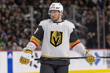 SAINT PAUL, MN - MARCH 30: Vegas Golden Knights center Ivan Barbashev (49) looks on during the third period of the NHL game between the Vegas Golden Knights and the Minnesota Wild on March 30th, 2024, at the Xcel Energy Center in Saint Paul, MN. (Photo by Bailey Hillesheim/Icon Sportswire)