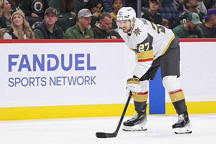 ST. PAUL, MN - DECEMBER 15: Vegas Golden Knights defenseman Shea Theodore (27) lines up for a play during the NHL game between the Vegas Golden Knights and Minnesota Wild on December 15th, 2024, at the Xcel Energy Center in St. Paul, MN. (Photo by Bailey Hillesheim/Icon Sportswire)