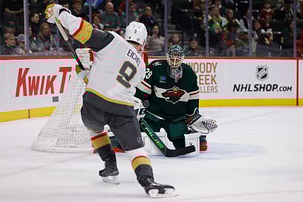 ST. PAUL, MN - MARCH 25: Minnesota Wild goaltender Marc-Andre Fleury (29) makes a save on a shot from Vegas Golden Knights center Jack Eichel (9) during first period of the NHL game between the Vegas Golden Knights and Minnesota Wild on March 25th, 2025, at the Xcel Energy Center in St. Paul, MN. (Photo by Bailey Hillesheim/Icon Sportswire)