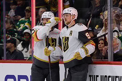 ST. PAUL, MN - MARCH 25: Vegas Golden Knights center Jack Eichel (9) celebrates with center Ivan Barbashev (49) after scoring his third goal of the game during the third period of the NHL game between the Vegas Golden Knights and Minnesota Wild on March 25th, 2025, at the Xcel Energy Center in St. Paul, MN. (Photo by Bailey Hillesheim/Icon Sportswire)