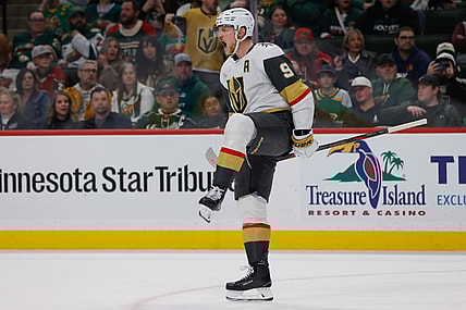 ST. PAUL, MN - MARCH 25: Vegas Golden Knights center Jack Eichel (9) celebrates scoring his second goal of the game during the third period of the NHL game between the Vegas Golden Knights and Minnesota Wild on March 25th, 2025, at the Xcel Energy Center in St. Paul, MN. (Photo by Bailey Hillesheim/Icon Sportswire)
