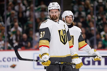 ST. PAUL, MN - APRIL 24: Vegas Golden Knights right wing Mark Stone (61) looks on during the second period in Game Three of the First Round of the 2025 Stanley Cup Playoffs between the Vegas Golden Knights and Minnesota Wild on April 24th, 2025, at the Xcel Energy Center in St. Paul, MN. (Photo by Bailey Hillesheim/Icon Sportswire)