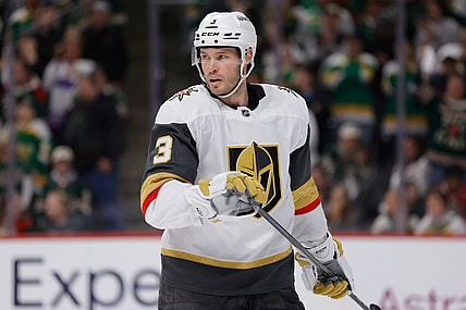 ST. PAUL, MN - APRIL 26: Vegas Golden Knights defenseman Brayden McNabb (3) looks on during the overtime period of Game Four of the First Round of the 2025 Stanley Cup Playoffs between the Vegas Golden Knights and Minnesota Wild on April 26th, 2025, at the Xcel Energy Center in St. Paul, MN. (Photo by Bailey Hillesheim/Icon Sportswire)