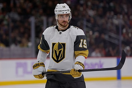 SAINT PAUL, MN - NOVEMBER 16: Vegas Golden Knights right wing Reilly Smith (19) looks on during the third period of an NHL game between the Vegas Golden Knights and Minnesota Wild on November 16th, 2025, at the Grand Casino Arena in St. Paul, MN. (Photo by Bailey Hillesheim/Icon Sportswire)