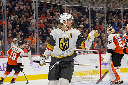 PHILADELPHIA, PA - NOVEMBER 25: Vegas Golden Knights center Jack Eichel (9) celebrates his goal during the game between the Philadelphia Flyers and the Vegas Golden Knights on November 25, 2024 at the Wells Fargo Center in Philadelphia, PA. (Photo by Terence Lewis/Icon Sportswire)