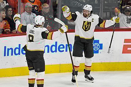 PHILADELPHIA , PA - DECEMBER 11: Vegas Golden Knights center Jack Eichel #9 and Vegas Golden Knights right wing Mark Stone #61 celebrate the overtime goal during the game between the Vegas Golden Knights and the Philadelphia Flyers on December 11th, 2025 at the Xfinity Mobile Center in Philadelphia, PA. (Photo by Terence Lewis/Icon Sportswire)