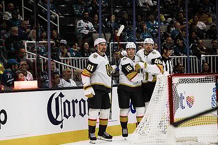 SAN JOSE, CA - OCTOBER 09: Vegas Golden Knights right wing Pavel Dorofeyev (16) celebrates with teammates after scoring the second goal in the second period during a NHL game between the Vegas Golden Knights and the San Jose Sharks on October 09, 2025 at SAP Center in San Jose, CA. (Photo by Trinity Machan/Icon Sportswire)