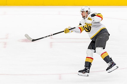 SAN JOSE, CA - JANUARY 07: Vegas Golden Knights right wing Alexander Holtz (26) warms up before a NHL game the San Jose Sharks on January 7, 2025 at SAP Center at San Jose in San Jose, CA. (Photo by Matthew Huang/Icon Sportswire)