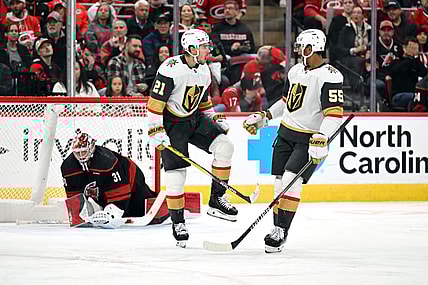 RALEIGH, NC - OCTOBER 28: Vegas Golden Knights center Brett Howden (21) celebrates with Vegas Golden Knights right wing Keegan Kolesar (55) after scoring a goal during the NHL game between the Vegas Golden Knights and the Carolina Hurricanes on October 28, 2025 at Lenovo Center in Raleigh, North Carolina. (Photo by Katherine Gawlik/Icon Sportswire)