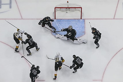 Vegas Golden Knights Brett Howden scores a goal against the Tampa Bay Lightning (Photo- Vegas Golden Knights via Twitter)