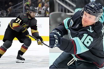 Seattle Kraken Jared McCann (Photo- Seattle Kraken via Twitter) LAS VEGAS, NEVADA - SEPTEMBER 28: William Karlsson #71 of the Vegas Golden Knights skates in during a practice shootout against the Colorado Avalanche at T-Mobile Arena on September 28, 2021 in Las Vegas, Nevada. (Photo by Jeff Bottari/NHLI via Getty Images)