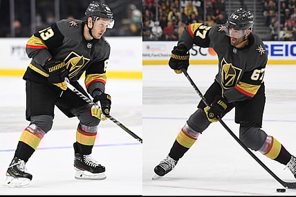LAS VEGAS, NEVADA - JUNE 14: Max Pacioretty #67 of the Vegas Golden Knights shoots the puck during the first period against the Montreal Canadiens in Game One of the Stanley Cup Semifinals at T-Mobile Arena on June 14, 2021 in Las Vegas, Nevada. (Photo by David Becker/NHLI via Getty Images) LAS VEGAS, NEVADA - SEPTEMBER 26: Evgenii Dadonov #63 of the Vegas Golden Knights skates in during a practice shootout against the San Jose Sharks at T-Mobile Arena on September 26, 2021 in Las Vegas, Nevada. (Photo by Jeff Bottari/NHLI via Getty Images)