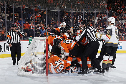 Vegas Golden Knights Philadelphia Flyers net scrum (Photo- Philadelphia Flyers via Twitter)