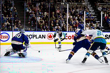 New York Sirens rookie Kristyna Kaltounkova fires a shot against Vancouver Goldeneyes goalie Kristen Campbell.
