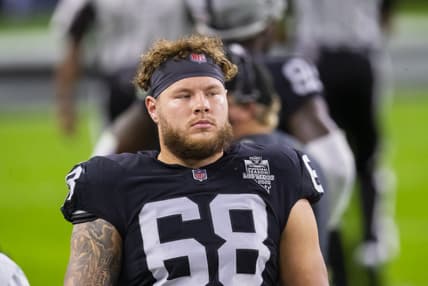 Nov 22, 2020; Paradise, Nevada, USA; Las Vegas Raiders offensive tackle Andre James (68) against the Kansas City Chiefs at Allegiant Stadium. Mandatory Credit: Mark J. Rebilas-USA TODAY Sports