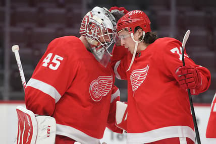 Mar 11, 2021; Detroit, Michigan, USA; Detroit Red Wings goaltender Jonathan Bernier (45) and defenseman Troy Stecher (70) celebrate after the game against the Tampa Bay Lightning at Little Caesars Arena. Mandatory Credit: Tim Fuller-USA TODAY Sports