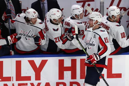 Mar 15, 2021; Buffalo, New York, USA;  Washington Capitals center Nicklas Backstrom (19) celebrates his goal during the second period against the Buffalo Sabres at KeyBank Center. Mandatory Credit: Timothy T. Ludwig-USA TODAY Sports