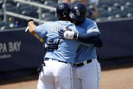 Mar 26, 2021; Port Charlotte, Florida, USA; Tampa Bay Rays first baseman Yandy D az (2) is congratulated after hitting a home run during the third inning against the Boston Red Sox at Charlotte Sports Park. Mandatory Credit: Kim Klement-USA TODAY Sports