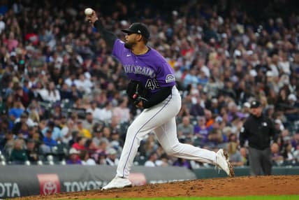 Jun 29, 2021; Denver, Colorado, USA; Colorado Rockies starting pitcher German Marquez (48) delivers a pitch in the sixth inning against the Pittsburgh Pirates at Coors Field. Mandatory Credit: Ron Chenoy-USA TODAY Sports