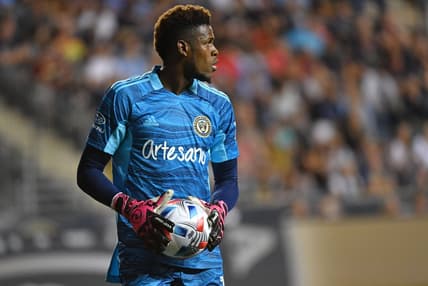 Jun 23, 2021; Chester, Pennsylvania, USA;Philadelphia Union goalkeeper Andre Blake (18) against the Columbus Crew during the second half at Subaru Park . Mandatory Credit: Eric Hartline-USA TODAY Sports
