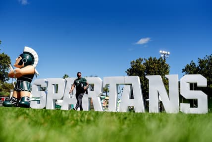 A blow-up Sparty and Spartans letters are on display at Munn Field before Michigan State's football game against Arizona State on Saturday, Sept. 14, 2019, in East Lansing.

1909014 Msu Asu 004a