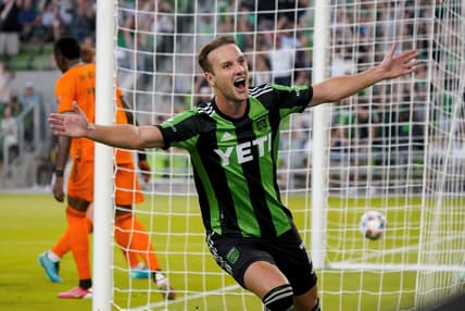 Aug 4, 2021; Austin, TX, USA;  Austin FC midfielder Tomas Pochettino (7) celebrates after scoring a goal during the first half against the Houston Dynamo at Q2 Stadium. Mandatory Credit: Scott Wachter-USA TODAY Sports