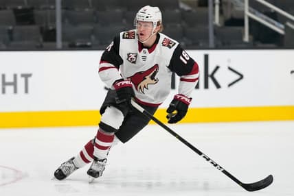 May 8, 2021; San Jose, California, USA;  Arizona Coyotes center Christian Dvorak (18) during the second period against the San Jose Sharks at SAP Center at San Jose. Mandatory Credit: Stan Szeto-USA TODAY Sports