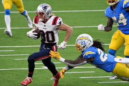 Dec 6, 2020; Inglewood, California, USA; New England Patriots wide receiver Gunner Olszewski (80) runs past Los Angeles Chargers strong safety Rayshawn Jenkins (23) in the fourth quarter at SoFi Stadium. Mandatory Credit: Robert Hanashiro-USA TODAY Sports