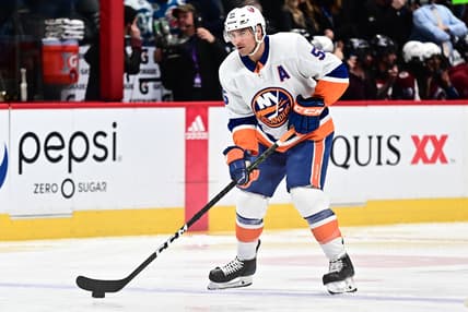 Feb 19, 2020; Denver, Colorado, USA; New York Islanders defenseman Johnny Boychuk (55) before the game against the Colorado Avalanche at the Pepsi Center. Mandatory Credit: Ron Chenoy-USA TODAY Sports
