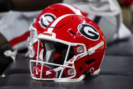 Jan 10, 2022; Indianapolis, IN, USA; Detailed view of a Georgia Bulldogs helmet in the 2022 CFP college football national championship game at Lucas Oil Stadium. Mandatory Credit: Mark J. Rebilas-USA TODAY Sports