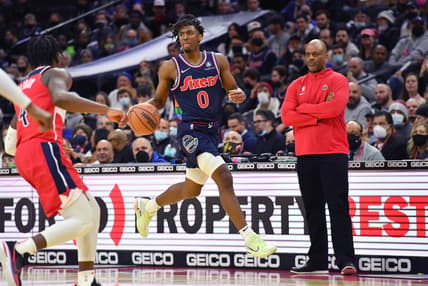 Feb 2, 2022; Philadelphia, Pennsylvania, USA; Philadelphia 76ers guard Tyrese Maxey (0) against the Washington Wizards during the third quarter at Wells Fargo Center. Mandatory Credit: Eric Hartline-USA TODAY Sports
