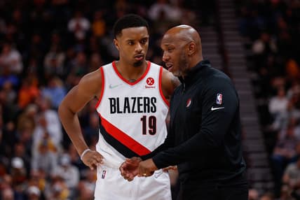 Mar 9, 2022; Salt Lake City, Utah, USA; Portland Trail Blazers forward Elijah Hughes (19) listens to head coach Chauncey Billups in the second quarter against the Utah Jazz at Vivint Arena. Mandatory Credit: Isaiah J. Downing-USA TODAY Sports