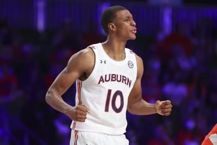 Nov 26, 2021; Nassau, BHS;  Auburn Tigers forward Jabari Smith (10) reacts during the second  half against the Syracuse Orange in the 2021 Battle 4 Atlantis at Imperial Arena. Mandatory Credit: Kevin Jairaj-USA TODAY Sports