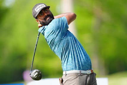 Apr 21, 2022; Avondale, Louisiana, USA; 	Sahith Theegala plays from the 13th tee during the first round of the Zurich Classic of New Orleans golf tournament. Mandatory Credit: Andrew Wevers-USA TODAY Sports